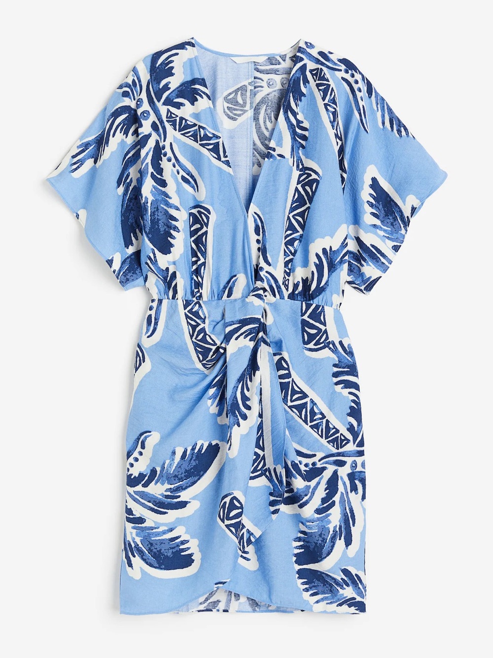 H&M Light Blue Tropical Palm Tree Print V Neck Dress size Small